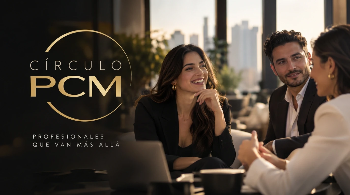 Profesionales en una reunión de negocios, con el logotipo Círculo PCM
